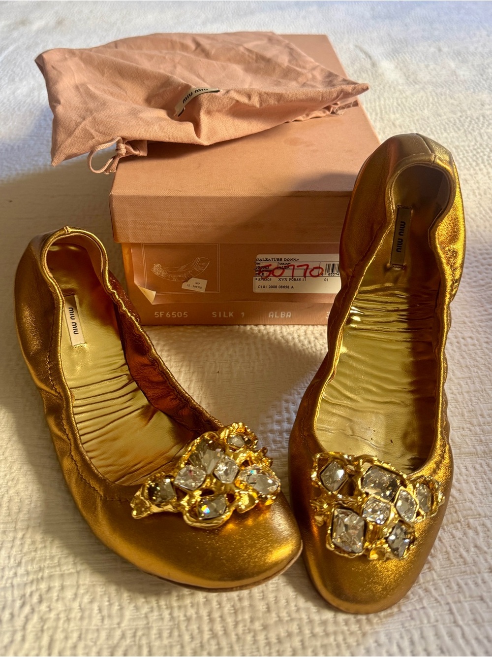Miu Miu Alba Gold Jeweled Ballet Flats 39